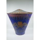 A French style painted blue metal grape picker's hopper, with Chateau Neuf du Pape decoration,