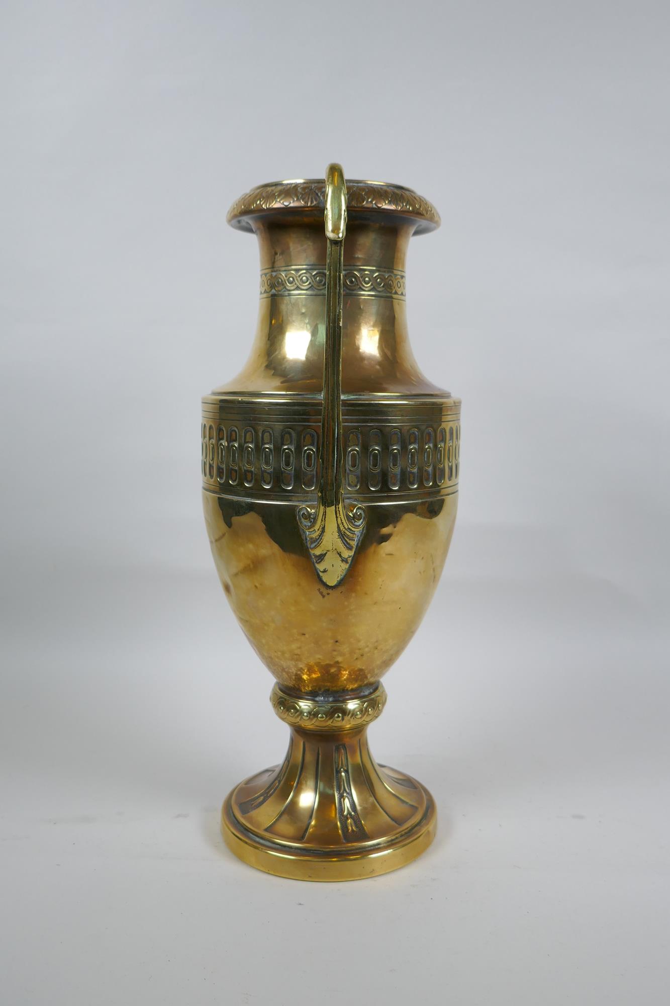 A late C19th/early C20th German brass two handled Grecian style urn by Carl Deffner of Esslingen, - Image 2 of 6