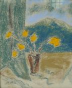 Impressionist style coloured chalk drawing, yellow flowers on a window sill, signed  Methuen?, 38