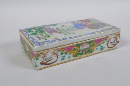 A C19th Chinese Cantonese enamelled porcelain scribes box and cover, the cover decorated with
