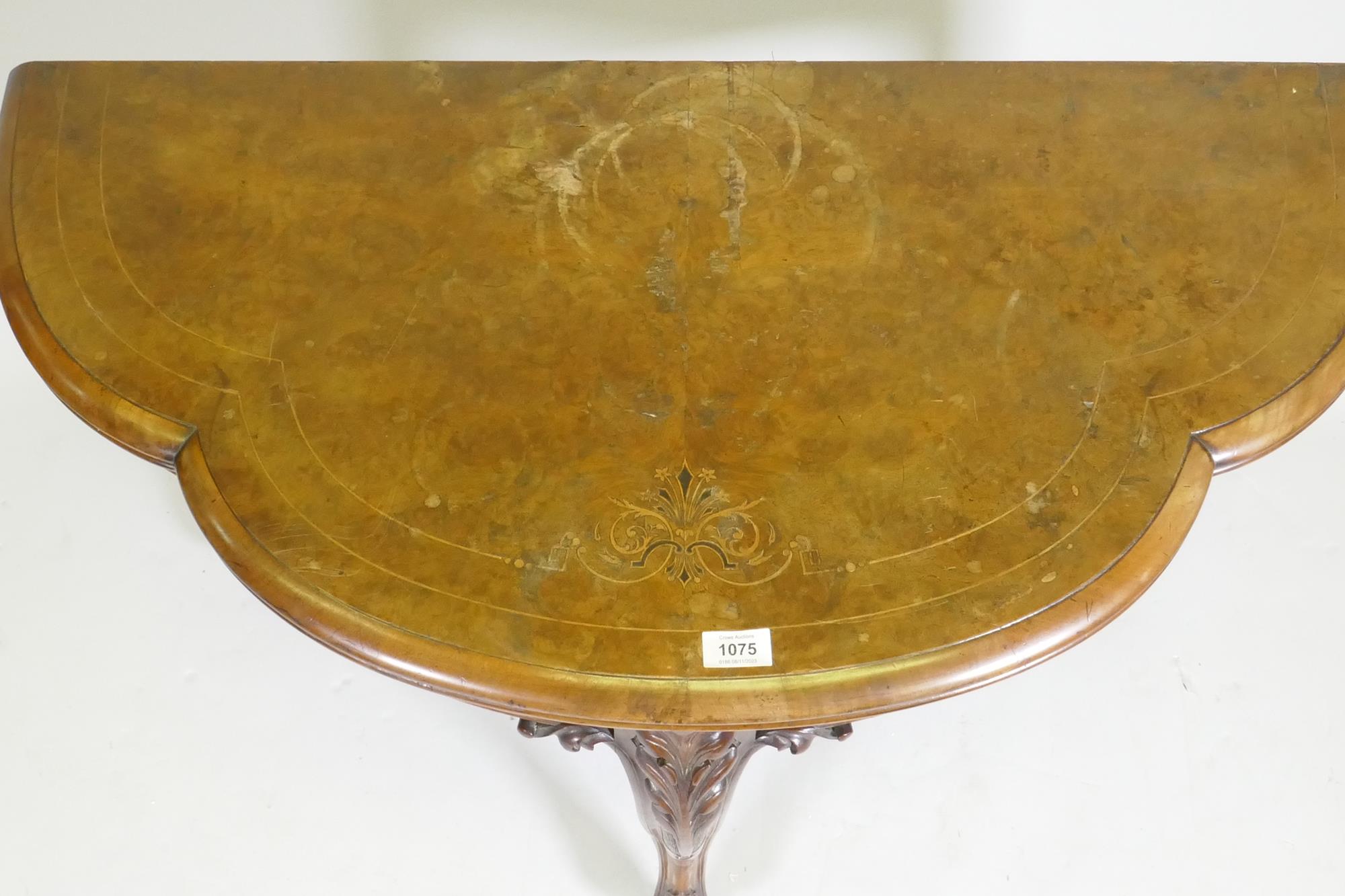 Victorian inlaid burr walnut shaped top card table, fitted with drawer to back, raised on carved - Image 3 of 8