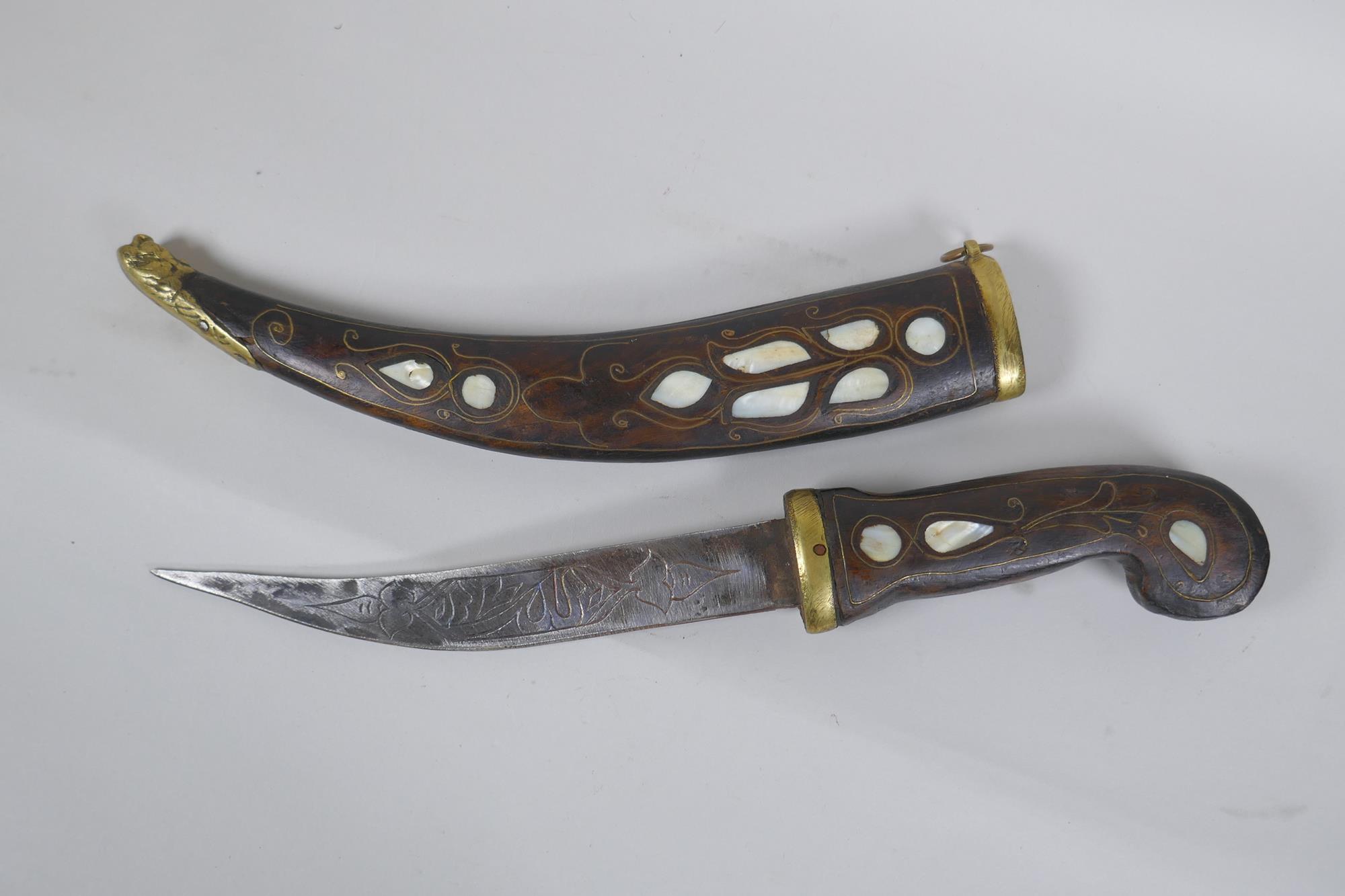 A Turkish dagger Jambiya, with mother of pearl inlaid wood handle and sheath, and brass mounts, - Image 2 of 5