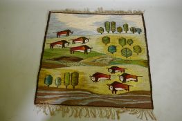 A Polish hand woven wool rug/wall hanging, landscape with cattle, 122 x 116cm