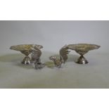 A pair of Victorian Walker and Hall silver plated tazza, and a pair of silver plated fighting cocks,