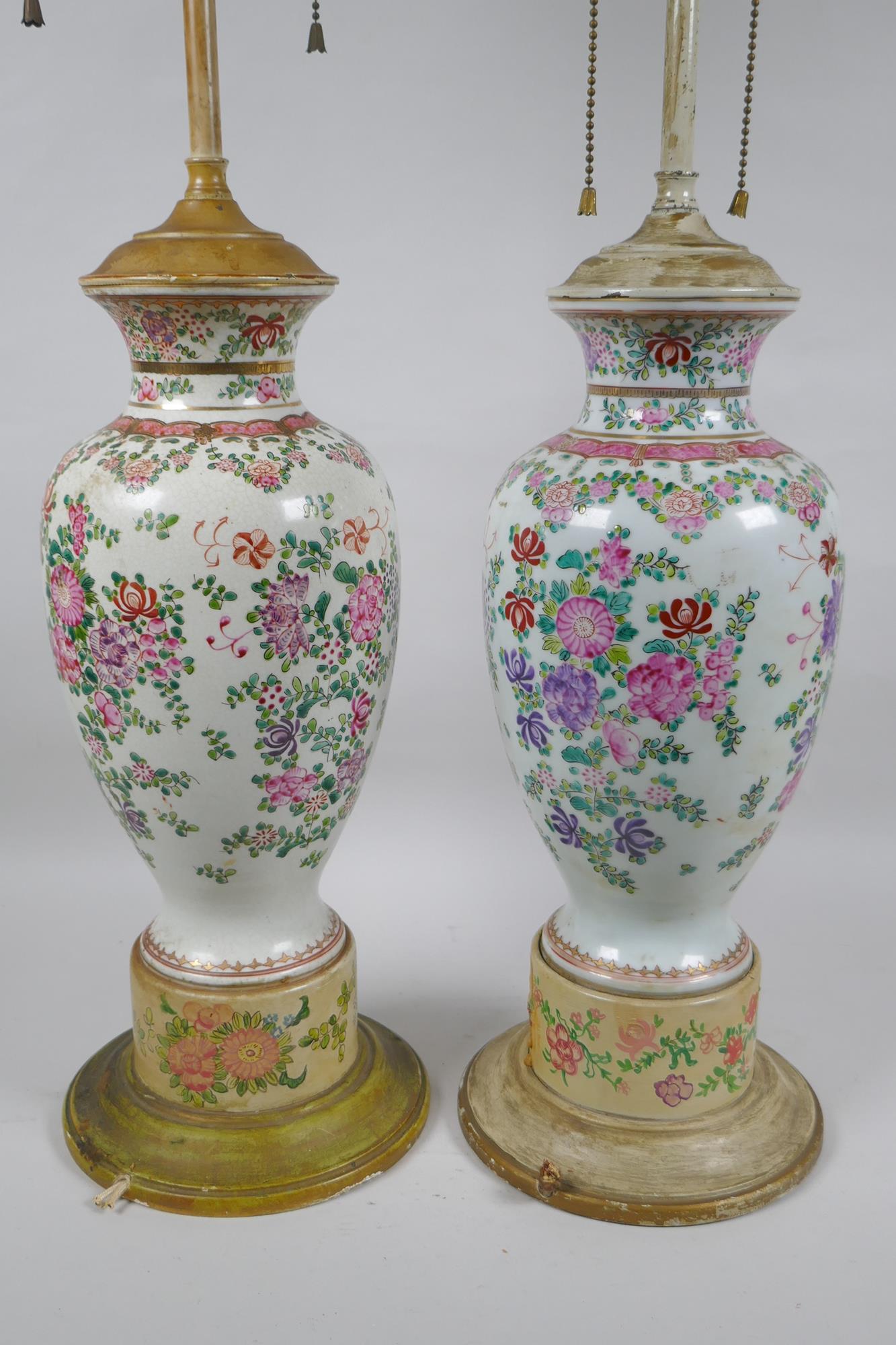 A pair of famille rose porcelain vases converted to lamps, with matching painted bases, 67cm highest - Image 5 of 5