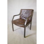 A laminated open elbow chair with brown leather seat pad and back