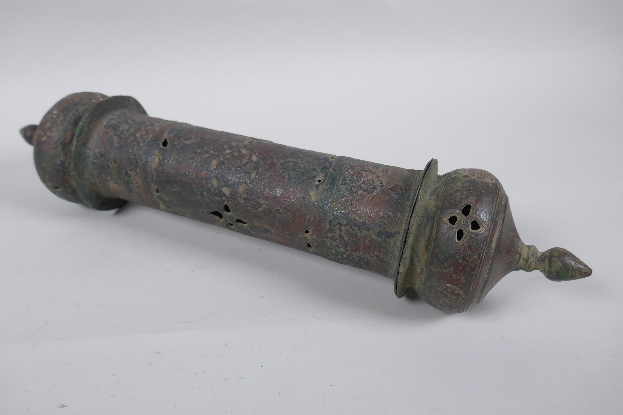 An antique Ottoman scribes/document box of cylinder form with pierced details, 36cm long - Image 2 of 6