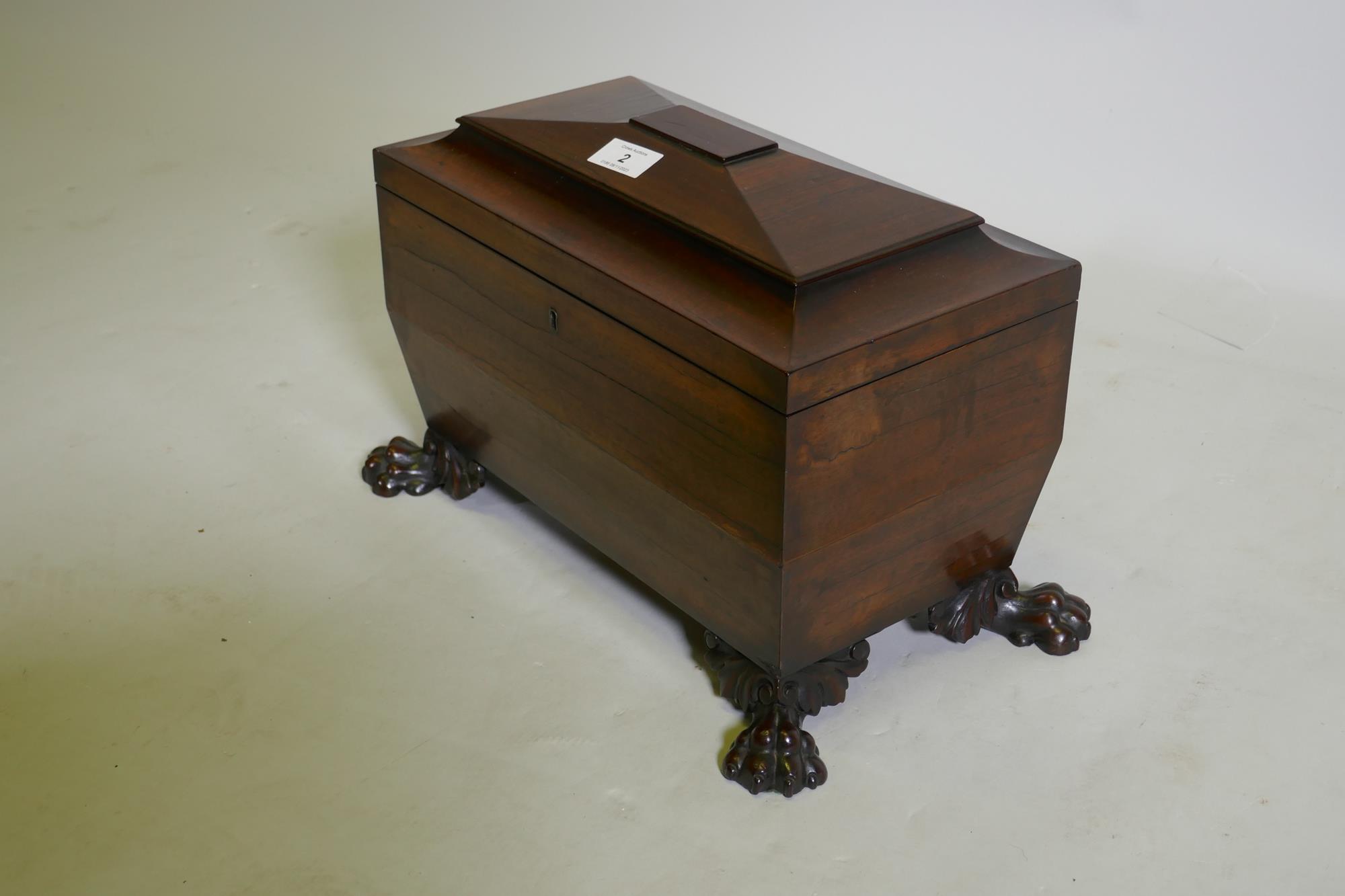 A good Regency mahogany two division tea caddy of sarcophagus shape, the interior with two lidded - Image 6 of 6