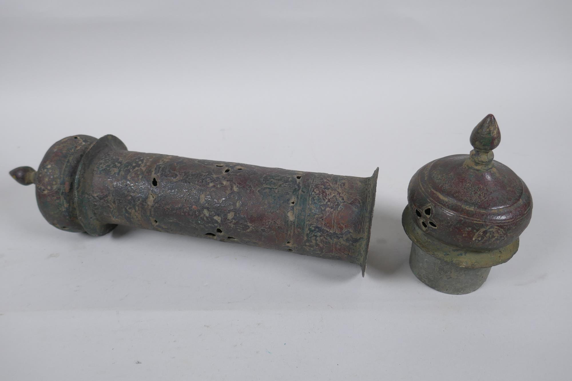 An antique Ottoman scribes/document box of cylinder form with pierced details, 36cm long - Image 4 of 6