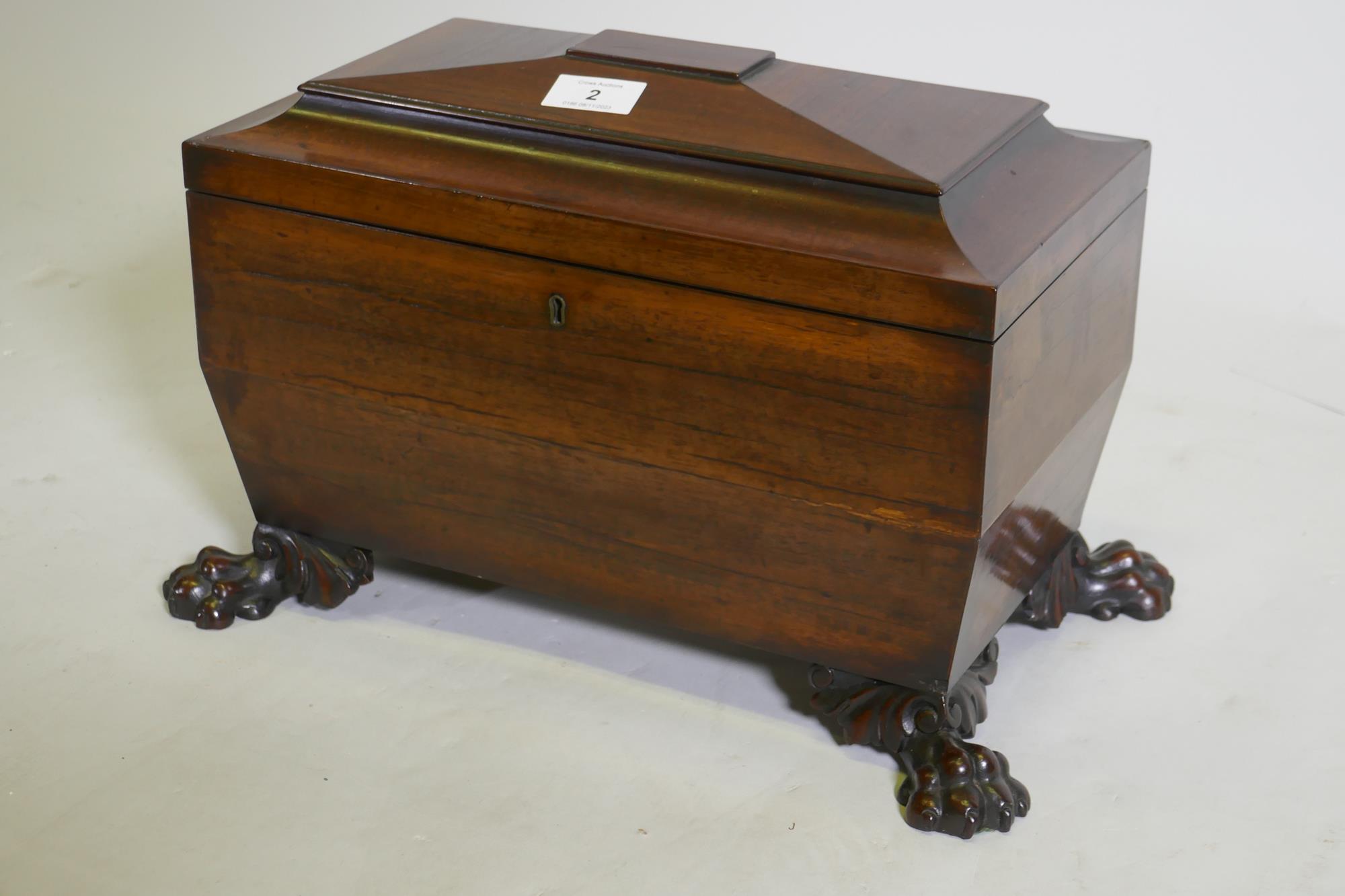 A good Regency mahogany two division tea caddy of sarcophagus shape, the interior with two lidded - Image 2 of 6