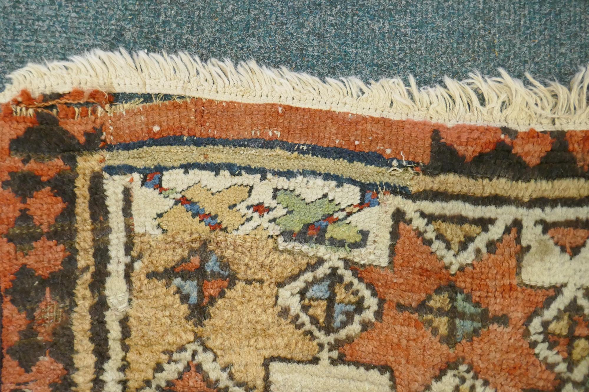 A multi colour ground Kurdish Kazak wool runner with a geometric medallion design on a brown - Image 4 of 6