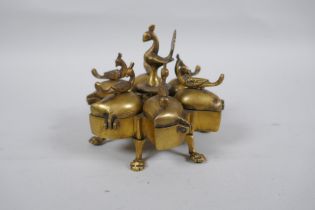 An Indian bronze tikka box with peacock decoration, 12cm diameter