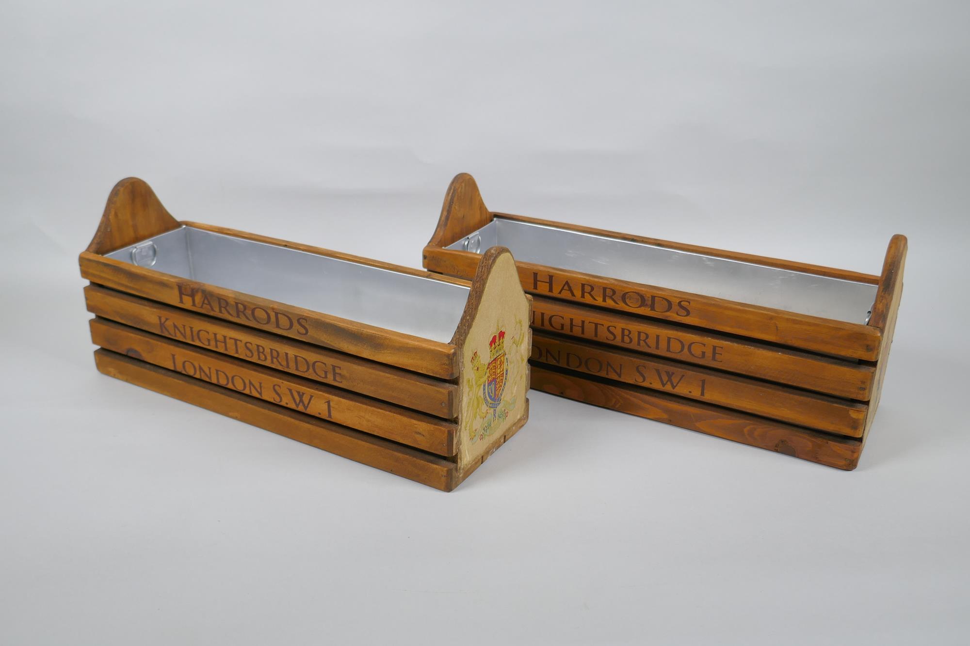 A pair of vintage style wood herb planters with metal liners and 'Harrods' decoration, 35 x 11cm