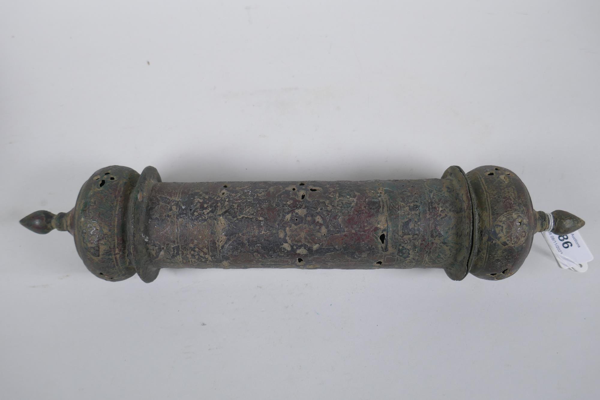 An antique Ottoman scribes/document box of cylinder form with pierced details, 36cm long - Image 5 of 6