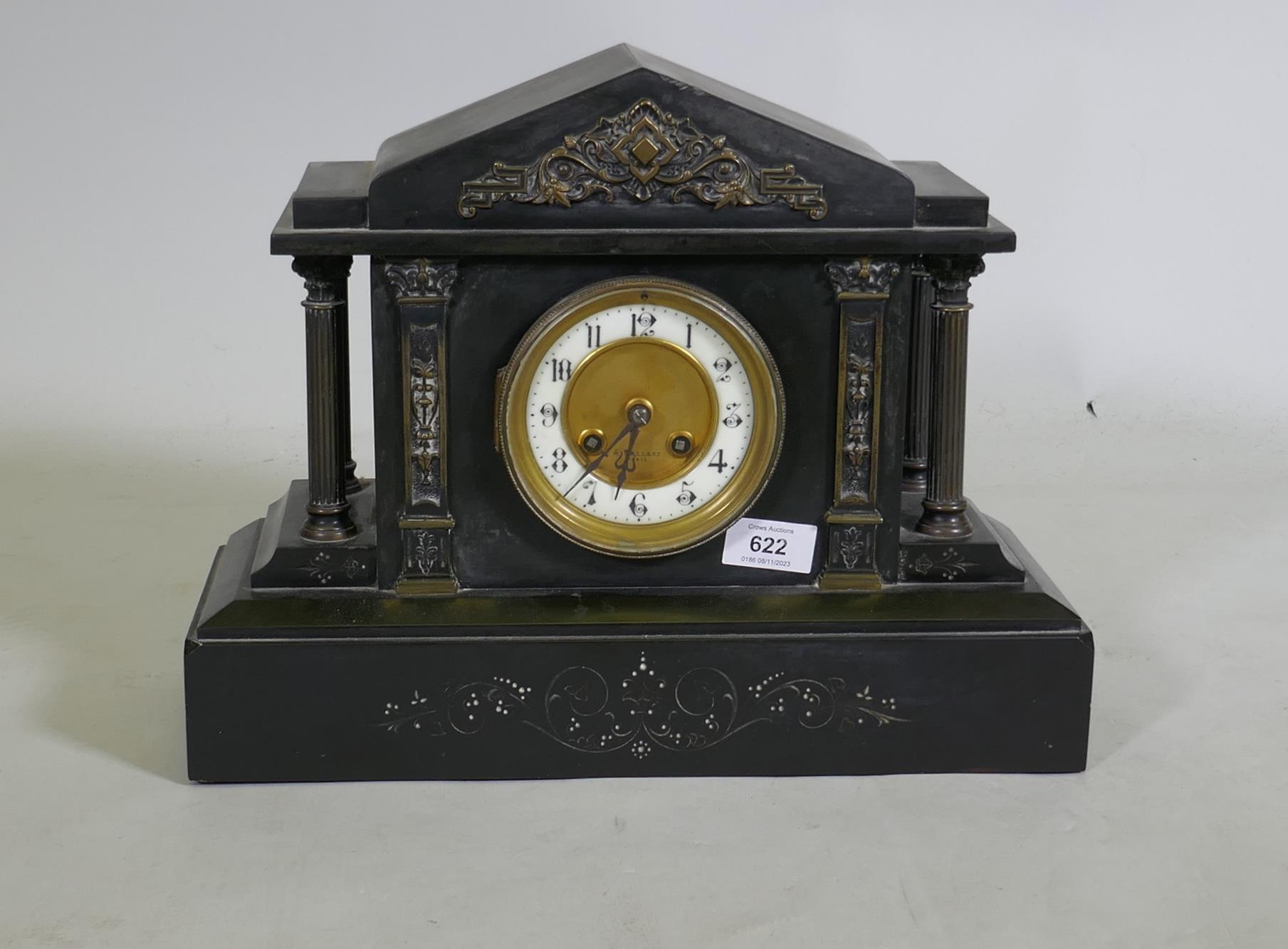 A French slate mantel clock, the dial brass dial inscribed Barrard, Paris, the Japy Freres