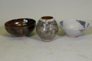 A studio pottery treacle glazed bowl, impressed mark to base, a vase signed to base Hogben?, 20cm