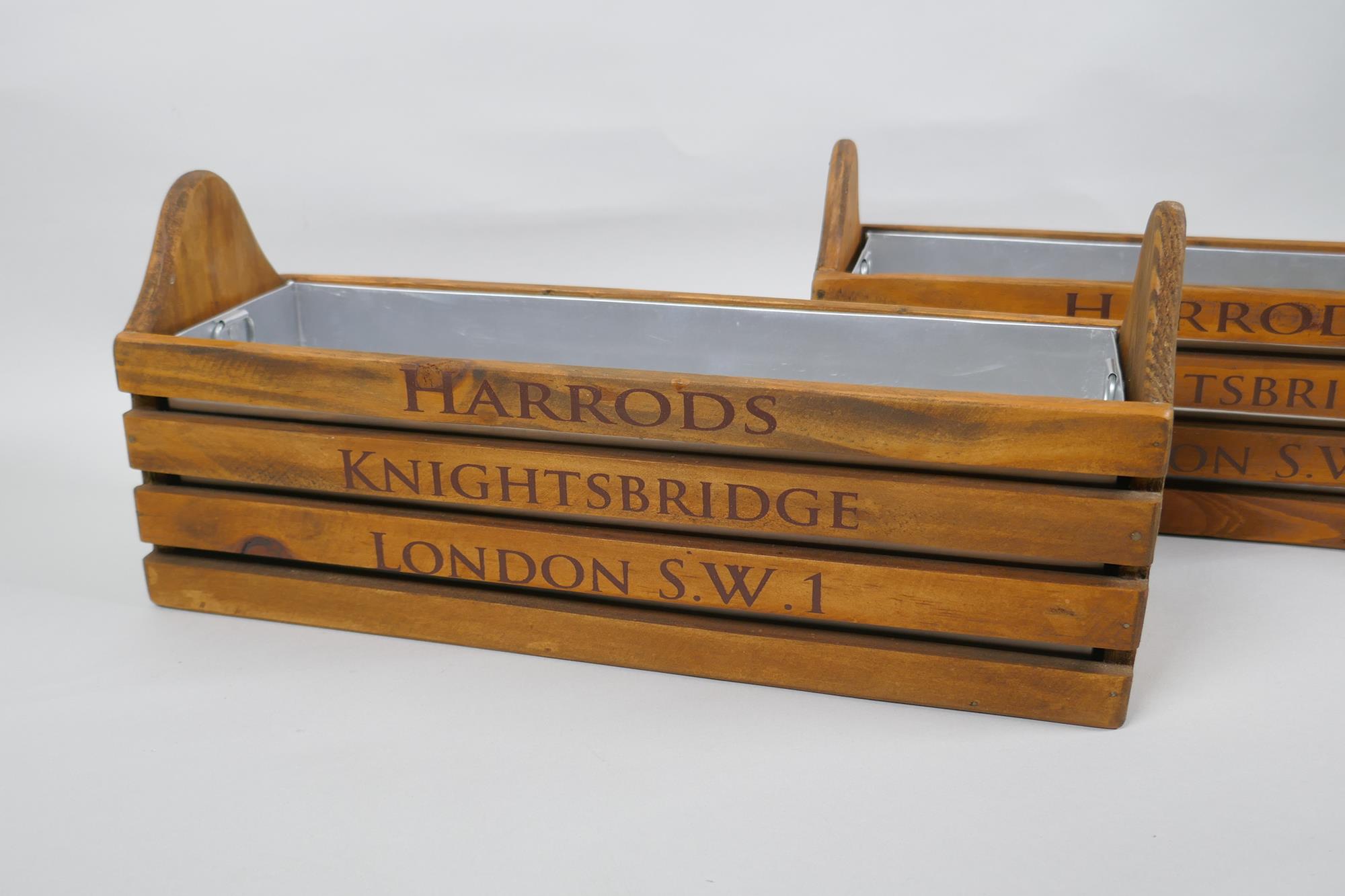 A pair of vintage style wood herb planters with metal liners and 'Harrods' decoration, 35 x 11cm - Image 2 of 4