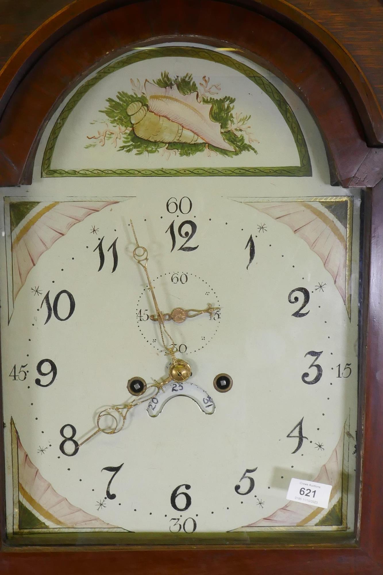 C19th oak long case clock, the case with banded veneer, and inlaid shell decoration, the painted - Image 4 of 11