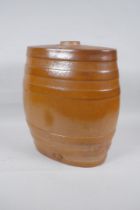 A Victorian Lambeth salt glazed pottery barrel, 34cm high