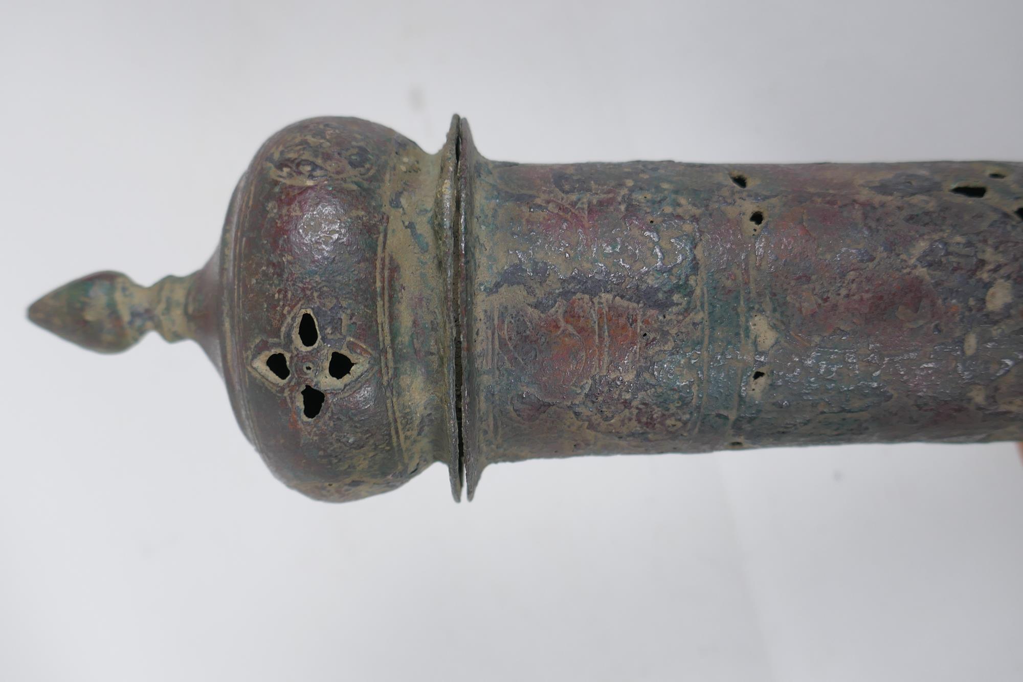 An antique Ottoman scribes/document box of cylinder form with pierced details, 36cm long - Image 3 of 6