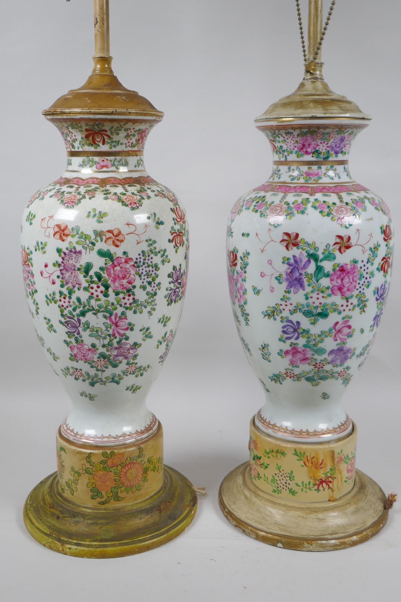 A pair of famille rose porcelain vases converted to lamps, with matching painted bases, 67cm highest - Image 4 of 5