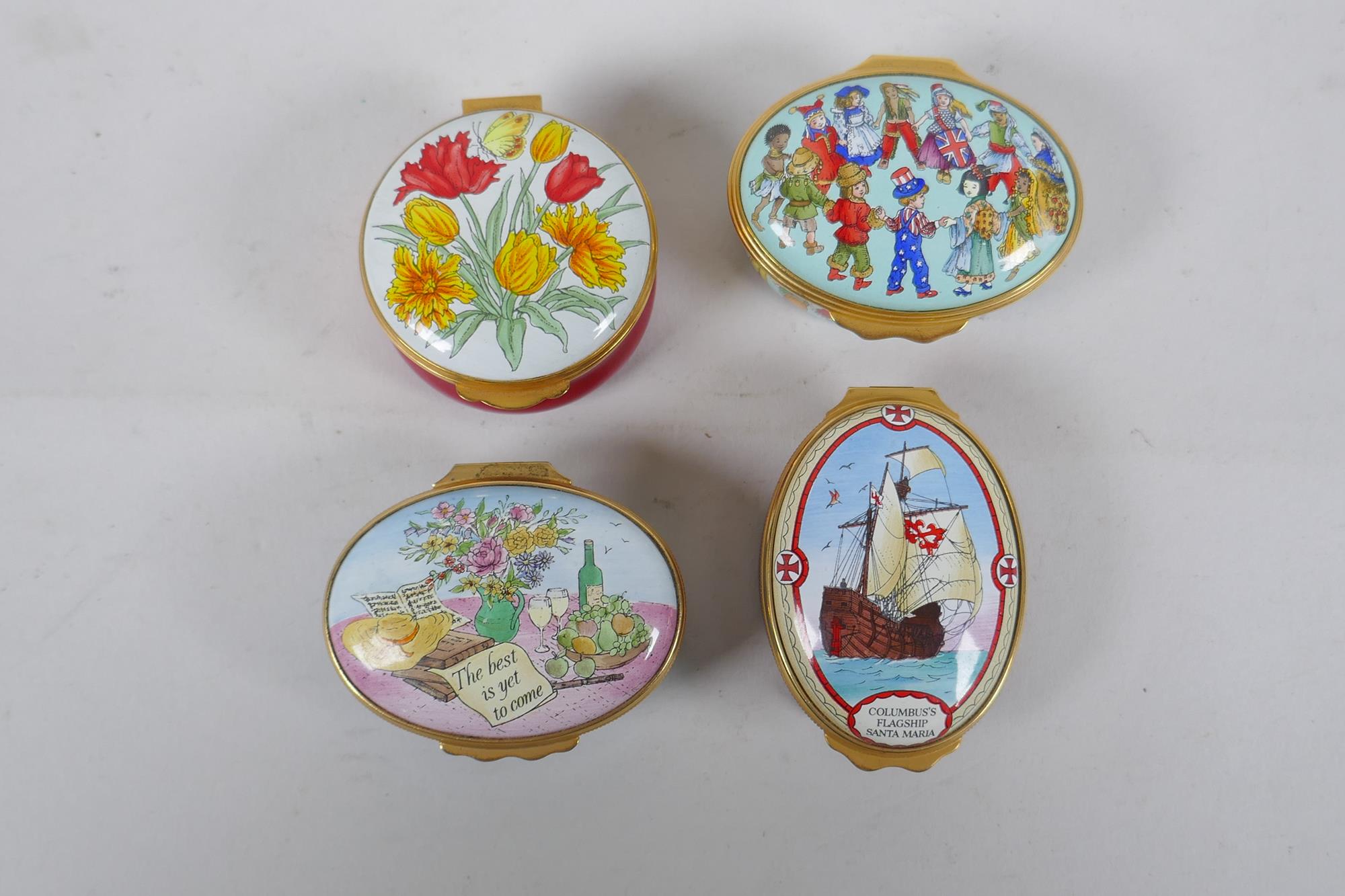 Three Halcyon Days enamel boxes and a similar Crummles & Co box, 4 x 5.5cm