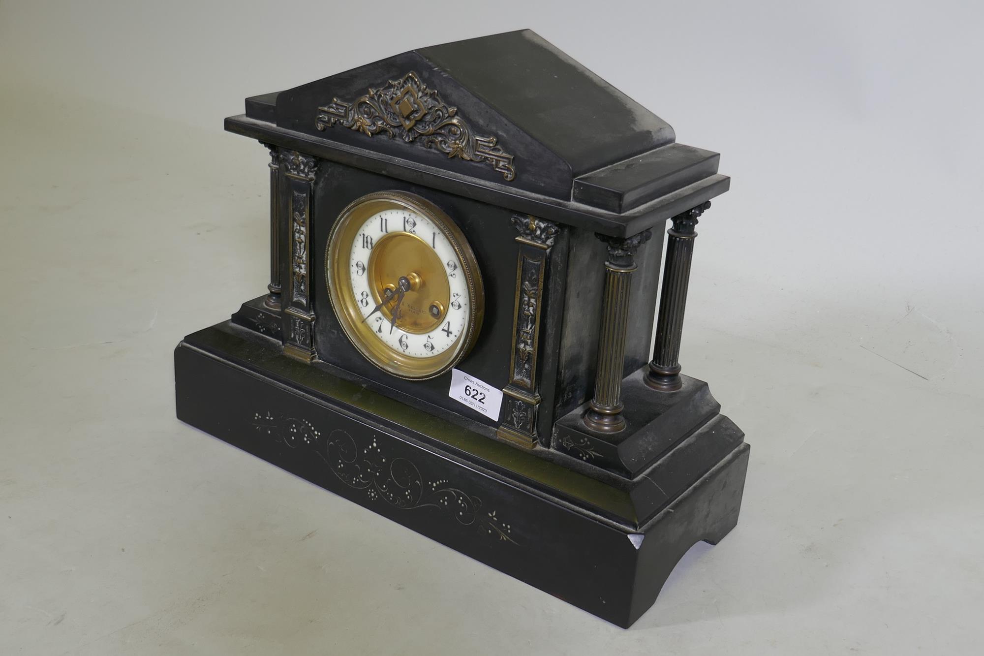 A French slate mantel clock, the dial brass dial inscribed Barrard, Paris, the Japy Freres - Image 2 of 3