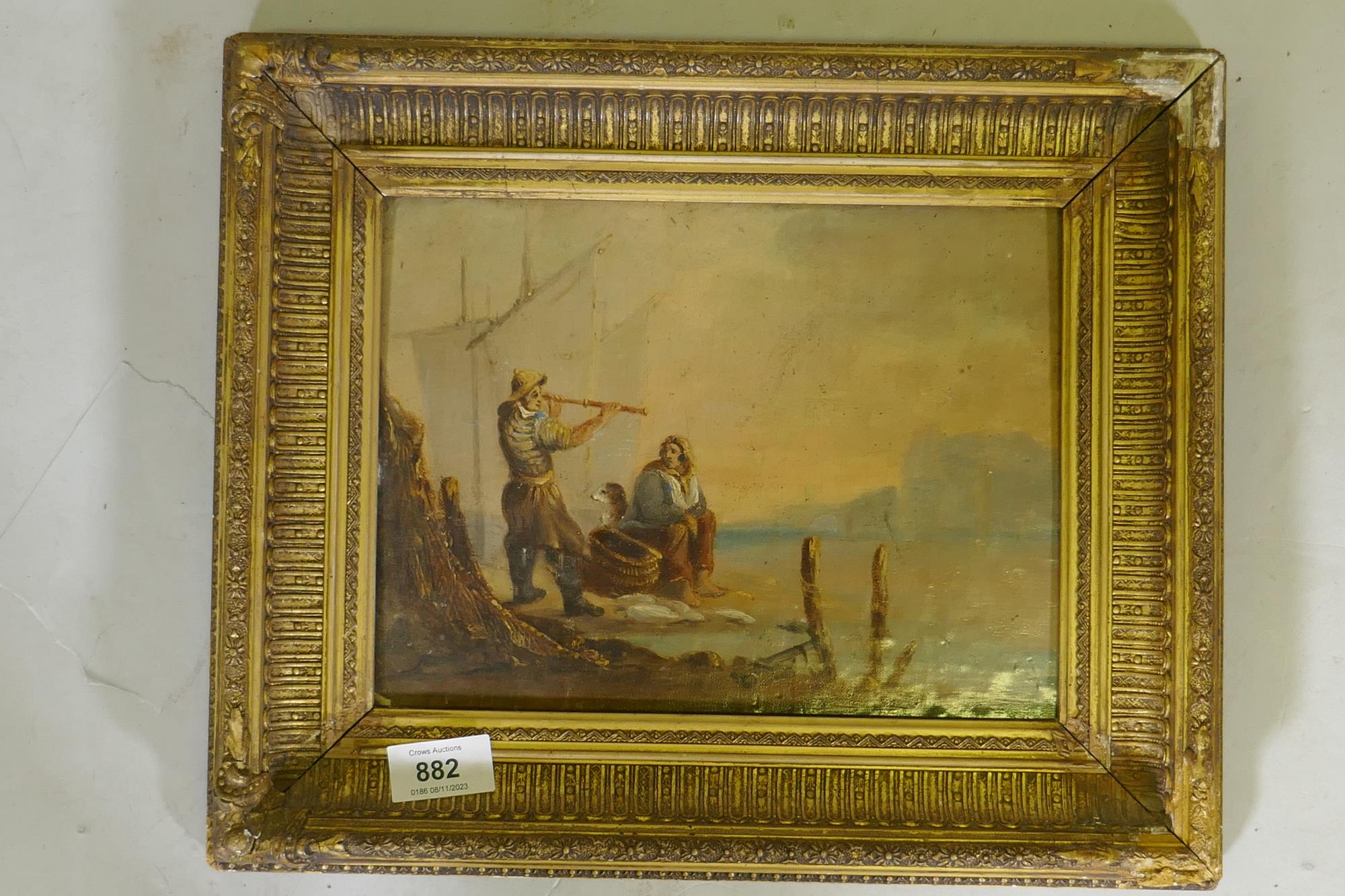 Fisherman with telescope looking out to sea, oil on canvas laid on panel, unsigned, C19th, 27 x 20cm - Image 2 of 3