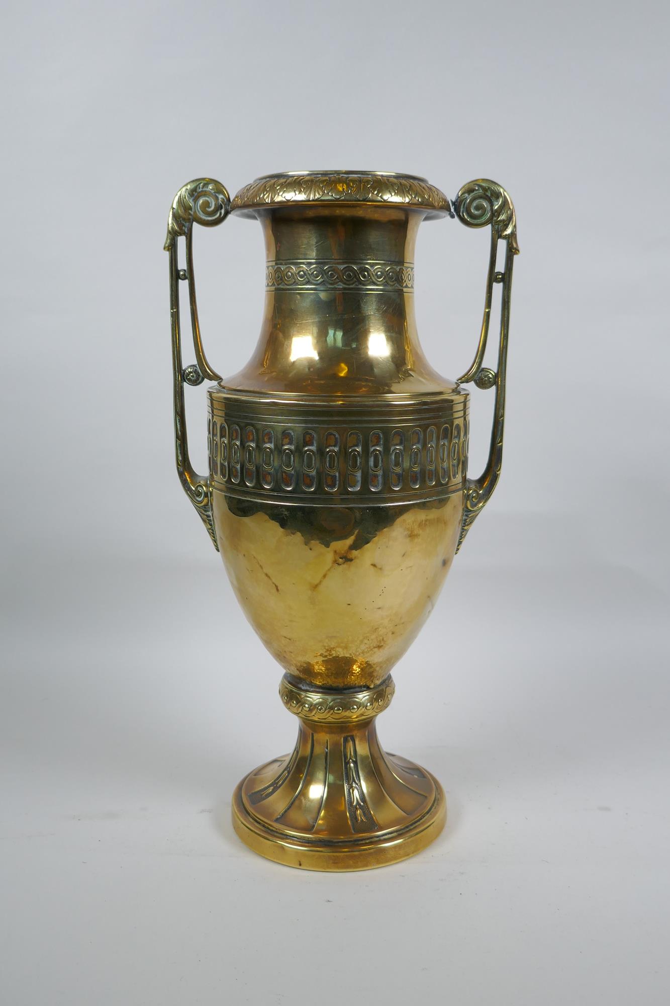 A late C19th/early C20th German brass two handled Grecian style urn by Carl Deffner of Esslingen, - Image 3 of 6