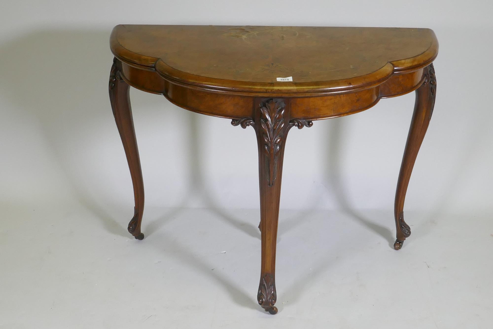 Victorian inlaid burr walnut shaped top card table, fitted with drawer to back, raised on carved - Image 2 of 8