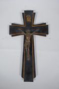 An early C20th inlaid wood crucifix with gilt metal Corpus Christi, 20 x 35cm