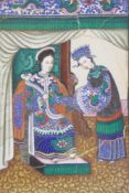 A C19th Chinese watercolour on rice paper, nobleman with attendant, 11 x 18cm
