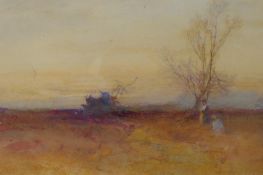 Figures in a landscape at sunset, monogrammed Berenger Benger?, and a landscape study signed Frank
