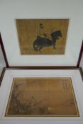 Figure on an island, and a portrait of a horseman, two framed Chinese prints on silk, both inscribed