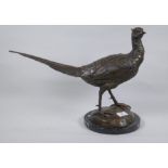 A bronze figure of a pheasant, mounted on a marble base, unsigned, 33cm high