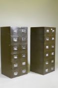 A pair of vintage metal filing cabinets of twelve drawers with chrome handles, 43 x 41 x 103cm