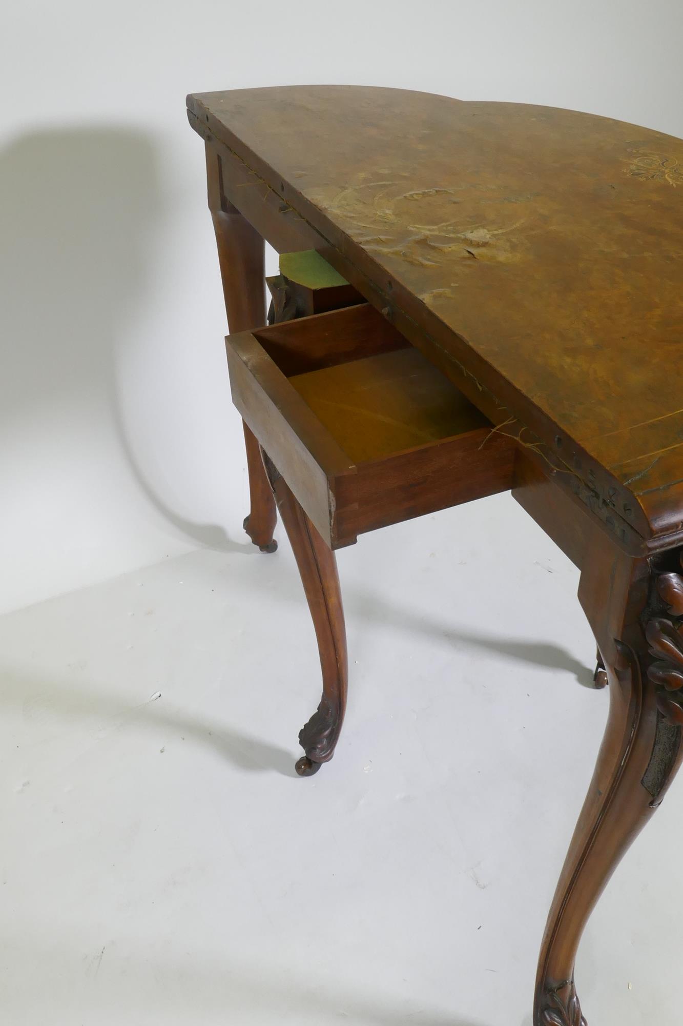 Victorian inlaid burr walnut shaped top card table, fitted with drawer to back, raised on carved - Image 8 of 8