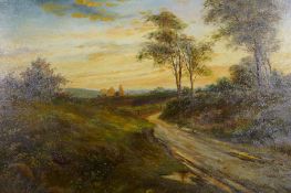 D. Sherrin, landscape with track and ruined building, signed, oil on canvas, re-lined, 77 x 51cm