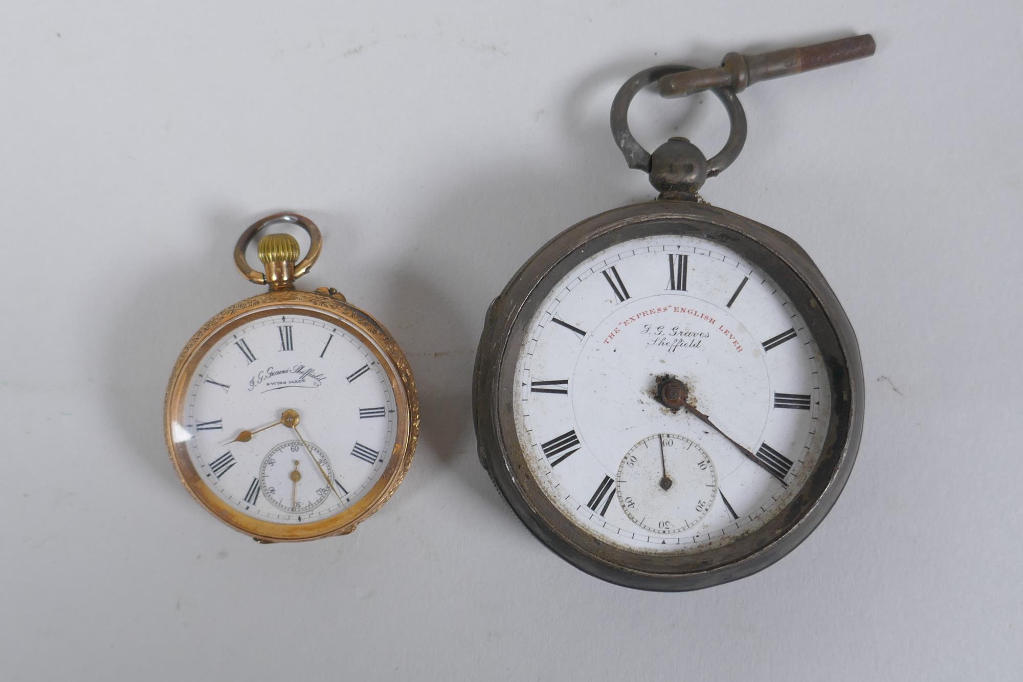 A 14ct gold cased open face pocket watch by J.G. Graves (John George) of Sheffield, the enamel