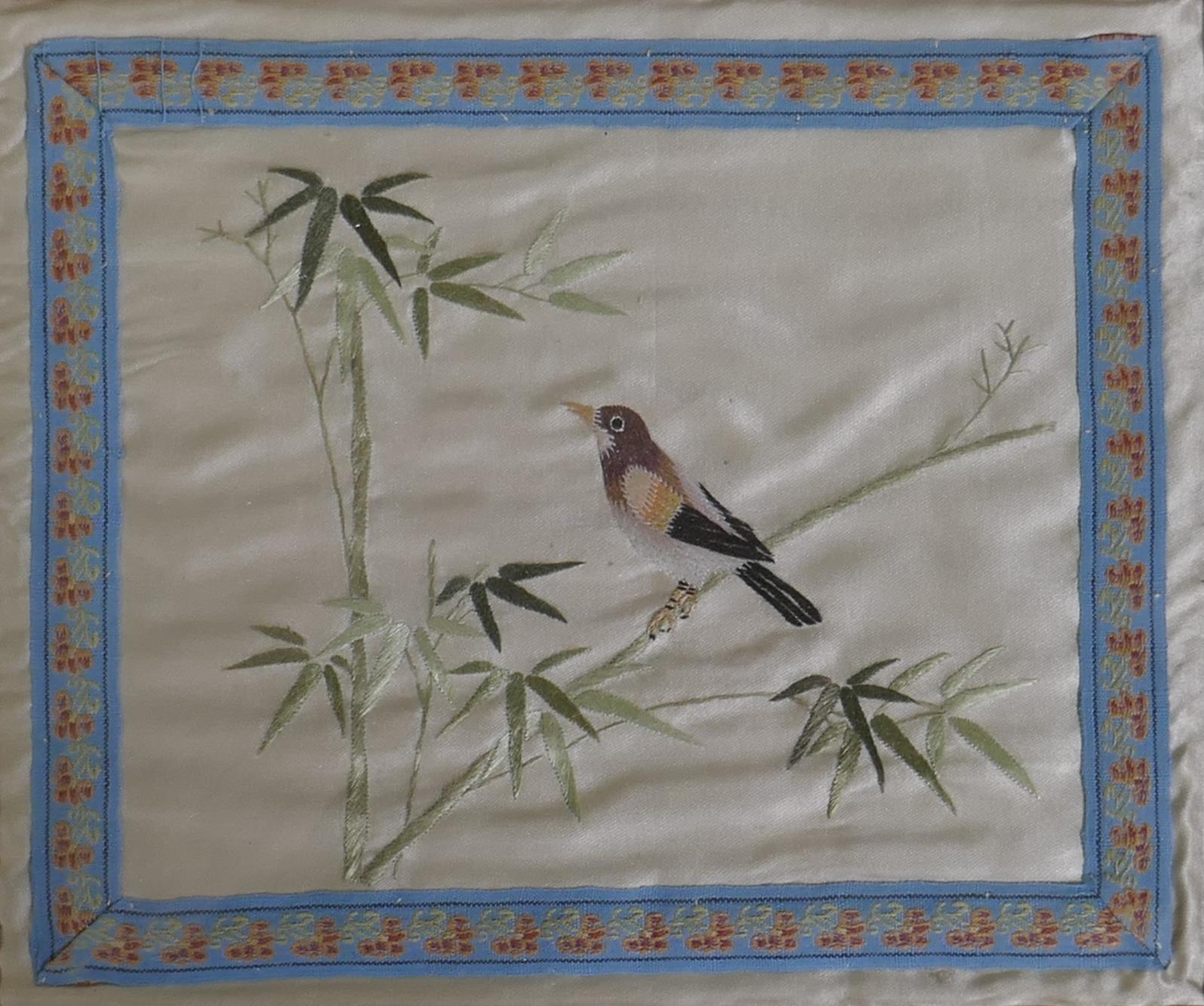 A Chinese embroidery on silk, bird on a bamboo branch, 28 x 23cm