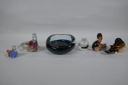 Four studio glass animals to include birds and a seal, and a studio glass ash tray and scent bottle,