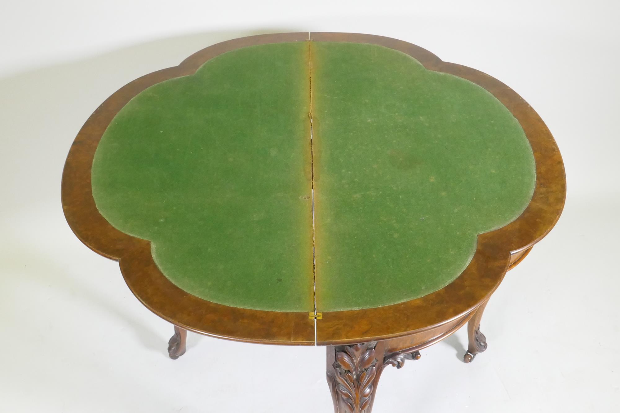 Victorian inlaid burr walnut shaped top card table, fitted with drawer to back, raised on carved - Image 7 of 8