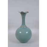 A Chinese Ru ware style porcelain vase with a frilled rim and ribbed neck, 28cm high