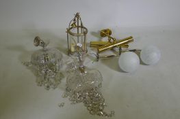 A pair of etched globe wall lights, a ceiling lantern, 35cm high, a pair of picture lights and two