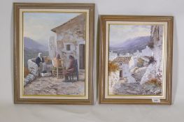 Manuel Cuberos, Spanish landscape, 26 x 35cm, and another of seated women on a terrace, both signed,