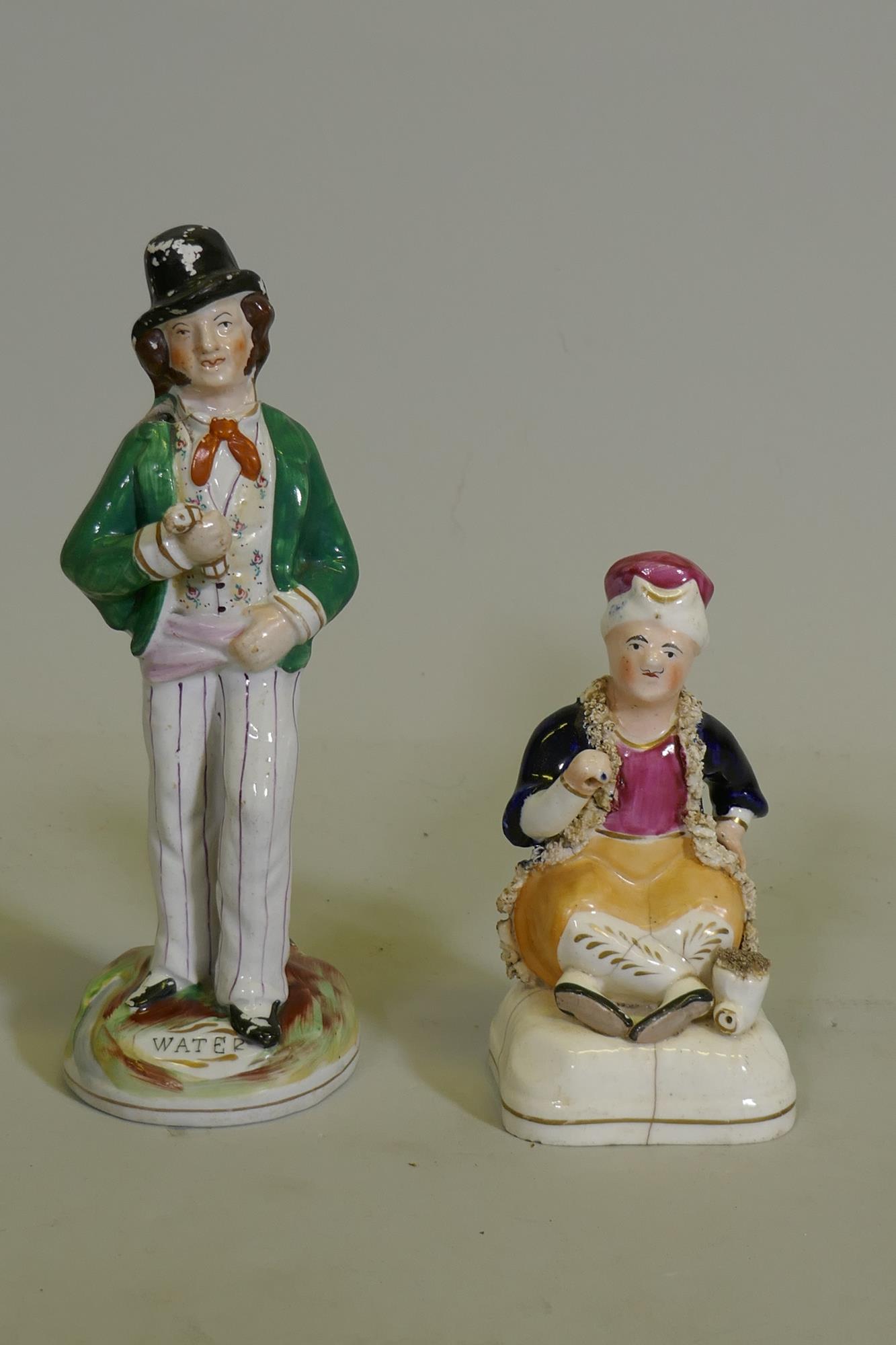 A C19th Staffordshire temperance double sided figure of a Gin and Water drinker, 22cm high, and