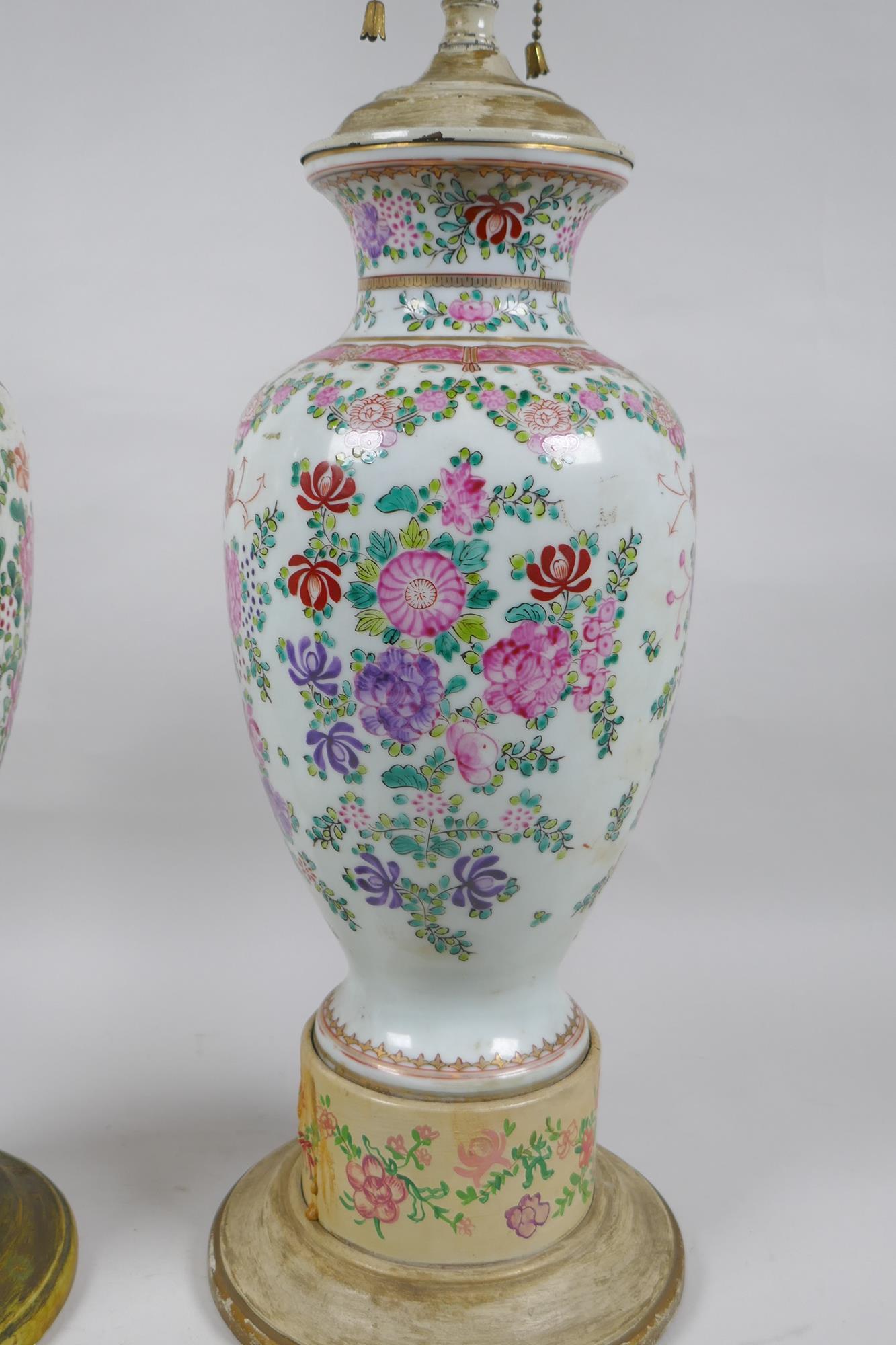 A pair of famille rose porcelain vases converted to lamps, with matching painted bases, 67cm highest - Image 3 of 5