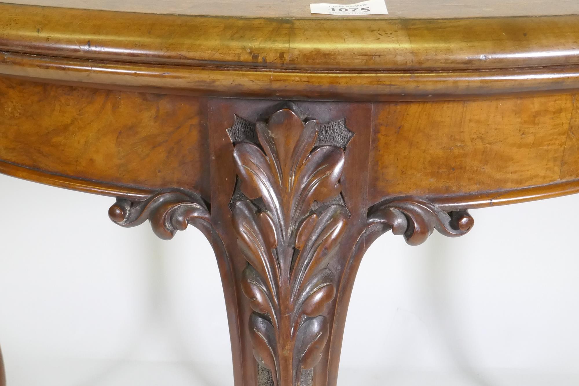 Victorian inlaid burr walnut shaped top card table, fitted with drawer to back, raised on carved - Image 4 of 8