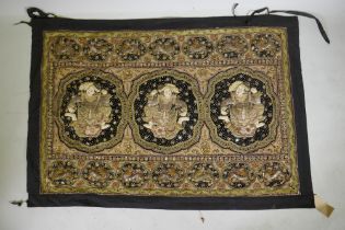 An antique Burmese stump work wall hanging depicting dancers and tigers, 172 x 120cm