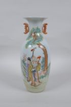 A Chinese Republic style porcelain two handled vase with polychrome decoration of a sage and